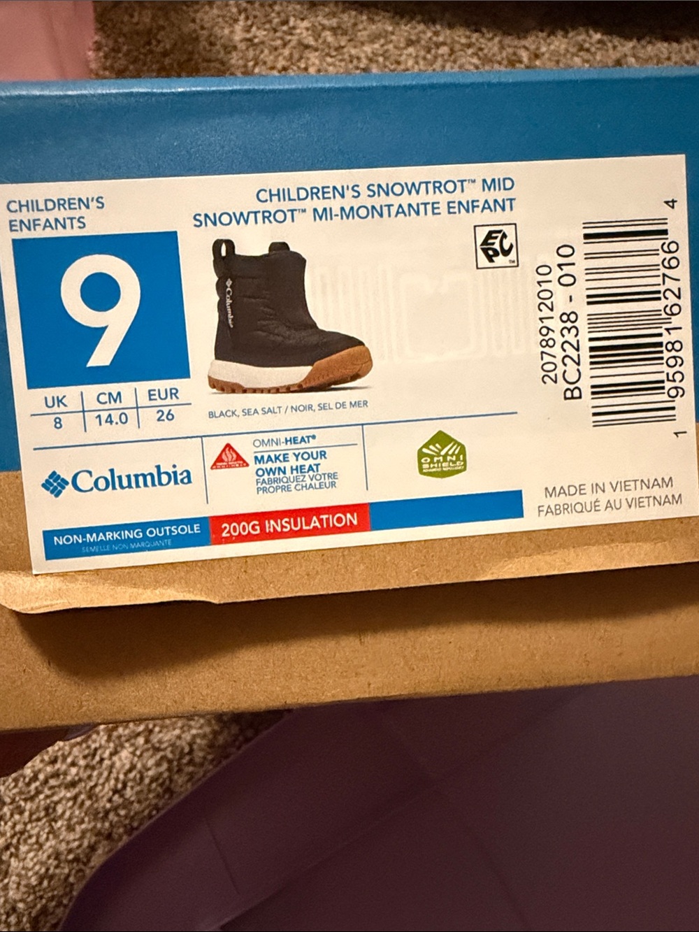 Columbia Kids Snowtrot Mid Winter Boots - Black with Sea Salt Sole